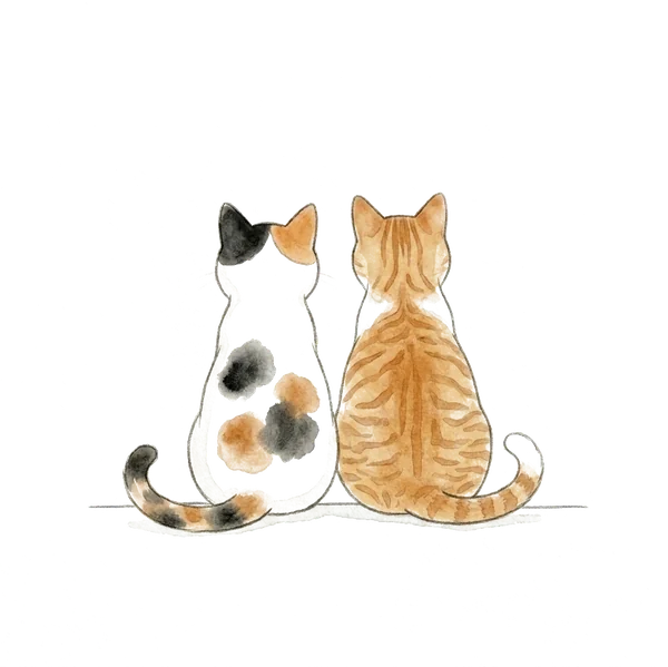三毛猫のあんずと茶トラのくるみが、並んで背を向けて座っている水彩画